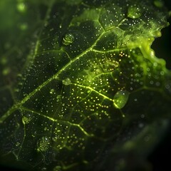 Bright green abstract veins or organic circuitry on a dark background.