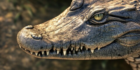 Fototapeta premium Ultra-detailed macro shot of a crocodile’s head, focusing on its fierce expression and intricate textures