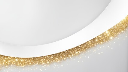 A minimalist design featuring a curved white border with a sparkling gold glitter effect on a light background.