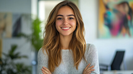 Fototapeta premium Female Business Leader, A young woman exuding confidence in a modern office setting, showcasing professionalism and engagement in her leadership role