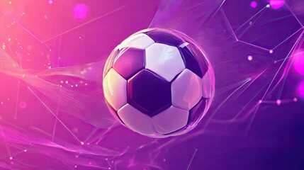 Fototapeta premium A futuristic soccer ball floating on a purple and pink gradient, with geometric shapes and dynamic energy lines.