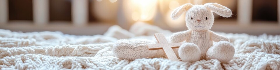 concept of christening baby plush rabbit. Selective focus