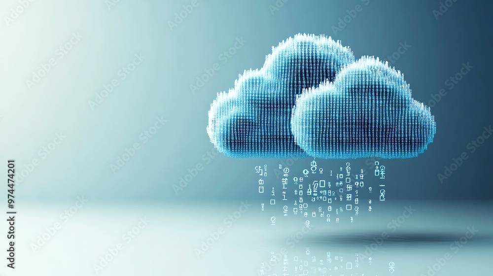 Poster a 3d rendering of a digital cloud symbol made up of blue squares, with other cloud symbols and a blu
