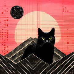 Minimal abstract shape illustration of black cat with celestial moon with pink and white stripes background.