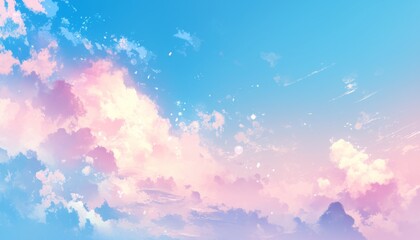 Serene Sky with Fluffy Pastel Clouds and Soft Gradient from Light Blue to Pink, Capturing Tranquility and Peace in a Dreamy Vector Illustration

