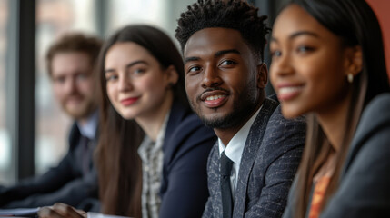 Diverse Business Meeting,  Group of young professionals from different ethnic backgrounds collaborating in a meeting, dressed in modern business attire