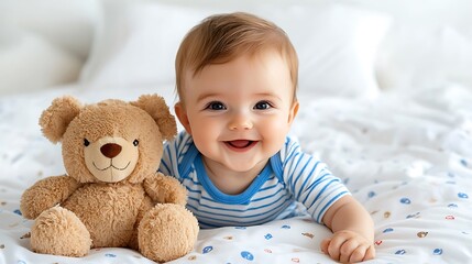 A happy baby snuggles in bed with a fluffy teddy bear, radiating warmth and comfort.