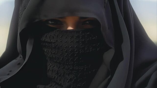 Portrait of a young Omani woman with her face covered by an Omani bursa (face mask), 4k Video