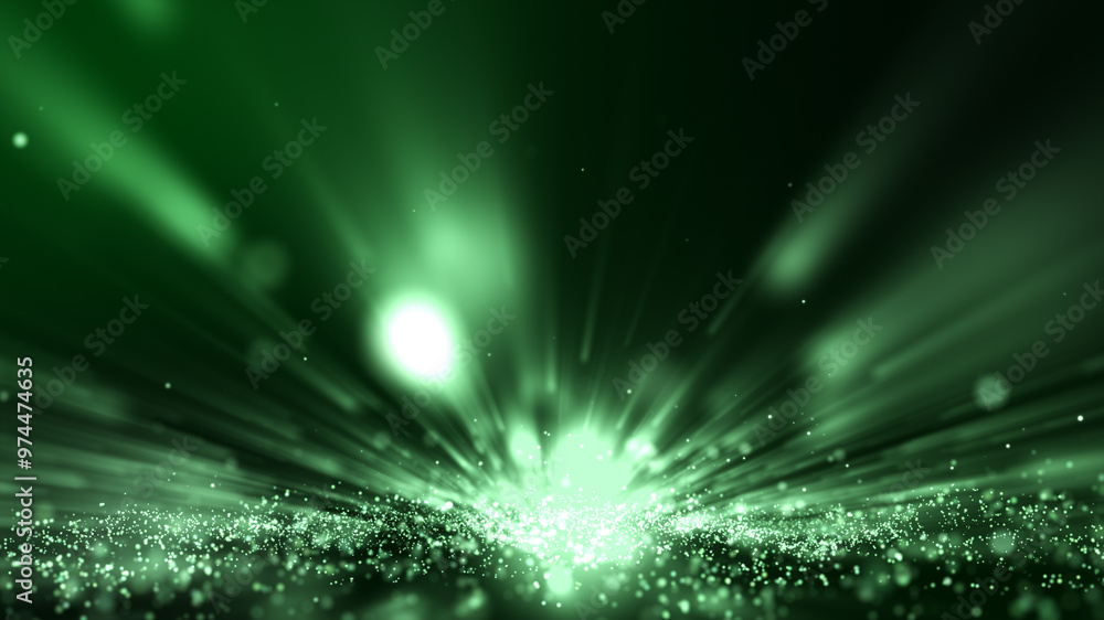 Poster glitter light green particles stage and light shine abstract background. flickering particles with b