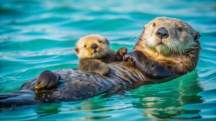 Adorable sea otter floats on its back, cradling a tiny pup on its belly, as they both glide effortlessly through the calm, turquoise ocean water.