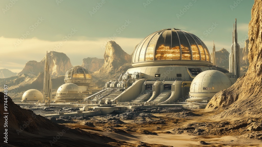 Poster a futuristic space colony with domes and structures on a distant planet, showing the future of human