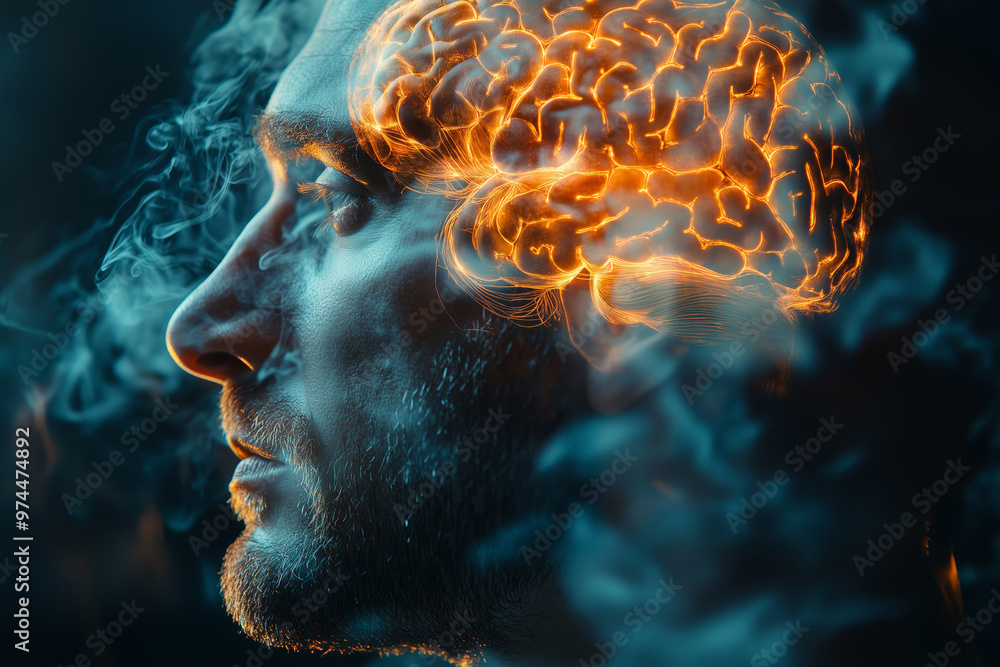 Poster Exploring the depths of thought with a glowing brain hologram in a man's mind, merging science and imagination in a vibrant atmosphere