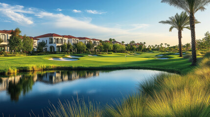 Obraz premium Luxury Housing, Luxury housing community featuring a beautiful golf course, perfect for relaxation and upscale living in a serene environment