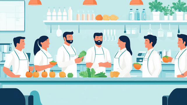 Team of employees engaged in interactive food safety training session in a modern kitchen setting