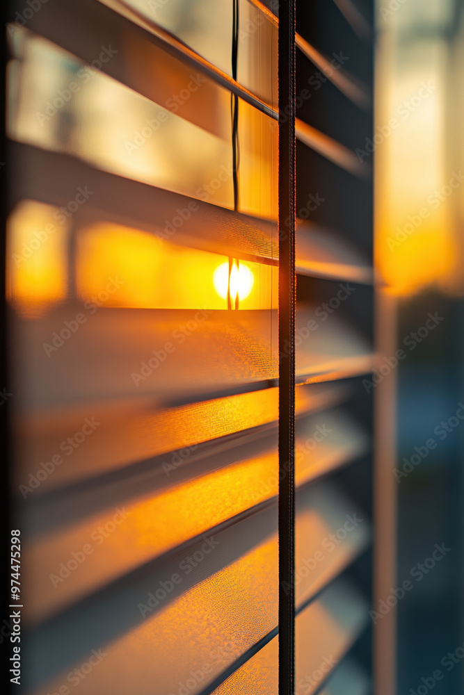 Poster sunlight through blinds, sunlight filters through modern window blinds, creating warm light and shad