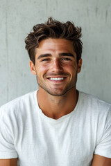 Fototapeta premium Cheerful Job Seeker, Smiling handsome man happily expresses joy after securing a well-paying job, captured in a headshot against a white concrete background