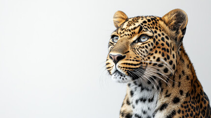 Obraz premium Leopard Portrait, Proud leopard gazing away from the camera, showcasing its beauty against a clean white background, ideal for wildlife photography