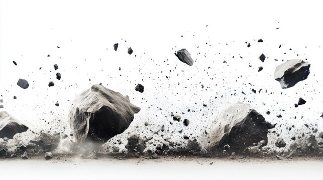 White background with flying stones and dust, creating a dramatic rock splash effect that conveys dynamic motion.