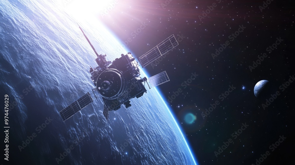 Poster a futuristic space probe flying past a distant planet, collecting data with advanced instruments.