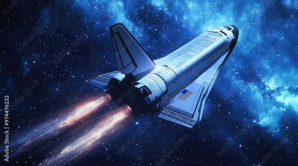Poster a futuristic space shuttle entering deep space, symbolizing exploration technology.
