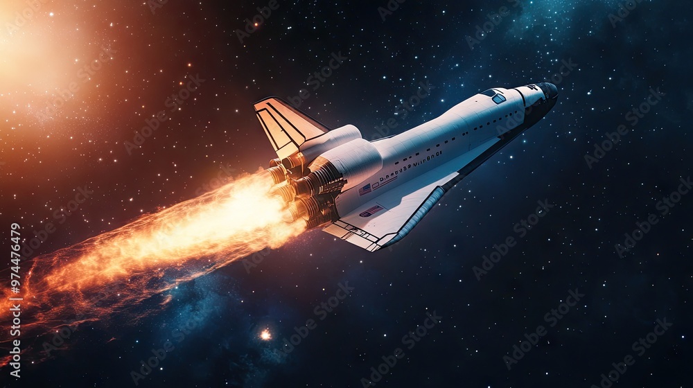 Poster a futuristic space shuttle entering deep space, symbolizing exploration technology.