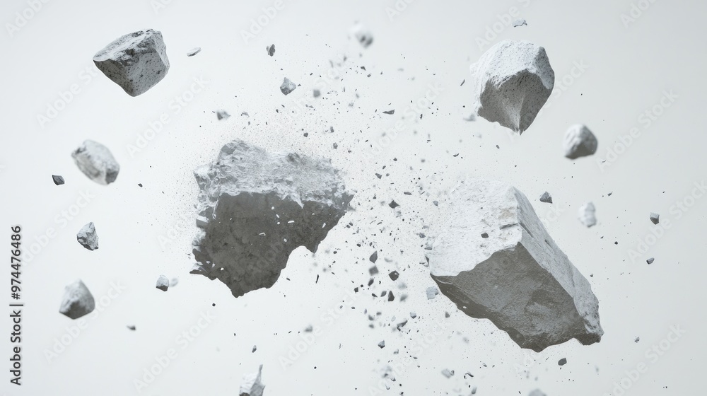 Poster white background with flying stones and dust particles, frozen in a dramatic mid-air motion for a dy