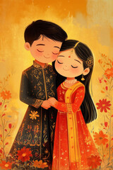 Raksha Bandhan Celebration,  A joyful illustration featuring a brother and sister dressed in traditional Indian attire, celebrating the festival of Raksha Bandhan together