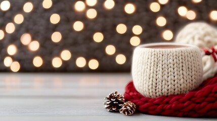 Fototapeta premium Cozy Winter Scene with Knitted Mug, Pine Cones, and Lights