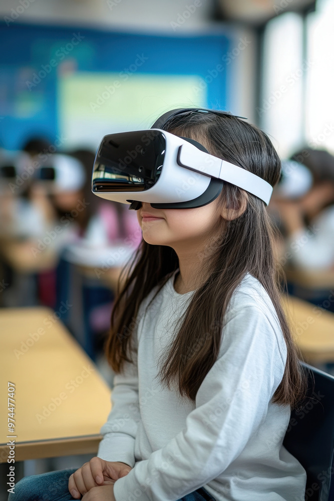 Poster student vr learning, a school student wearing a vr headset engages with ai technology in a classroom