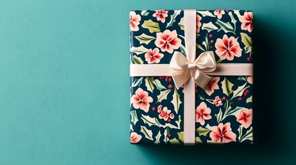 Obraz premium Floral Gift Box with Cream Bow on Teal Background