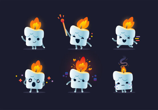 Cute candle character stickers illustration with various happy expression activity mascot collection set	