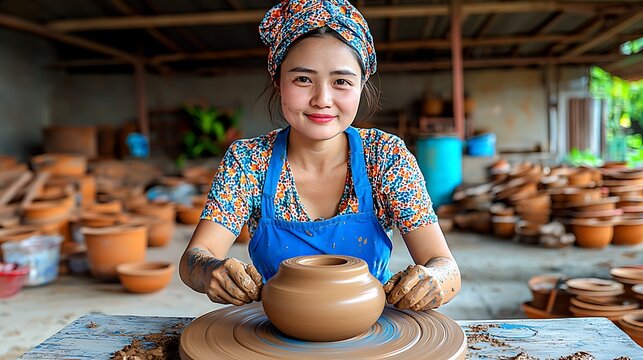 A woman potter shapes clay on a wheel, her hands creating beauty through craftsmanship.