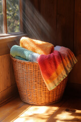 Colorful Towels,  A warm and inviting laundry space featuring a woven basket filled with vibrant towels, illuminated by soft sunlight