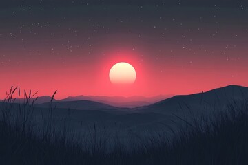 Fototapeta premium minimal wallpaper , Mountain sunset background illustration in flat style