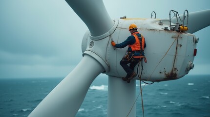 Technician repairing offshore wind turbine above ocean waves