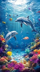 Fototapeta premium Two Dolphins Swimming Above Vibrant Coral Reef in Underwater Paradise.