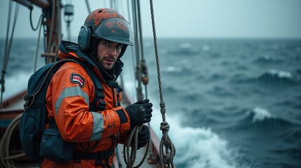 Sailor battling rough seas in safety gear on stormy day