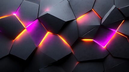 Abstract geometric design with glowing lines and dark surfaces.