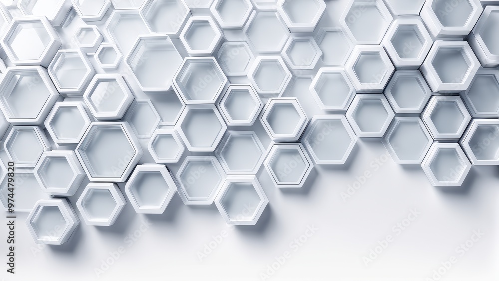 Poster a modern abstract design featuring interconnected hexagonal shapes in a clean, white aesthetic.