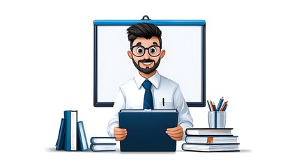 A smiling businessman stands confidently with a clipboard, books, and a whiteboard, ready to take on the day.