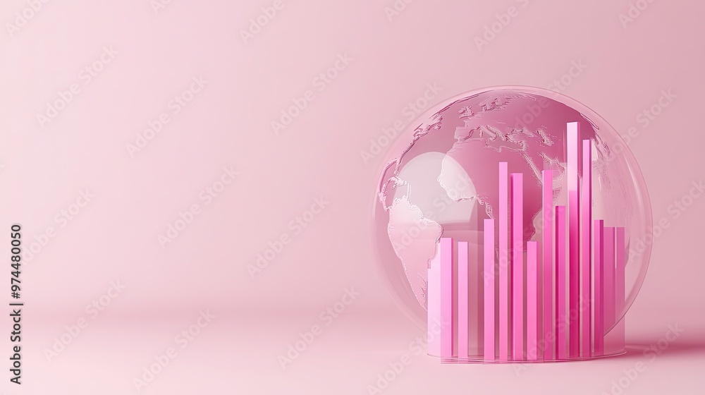 Poster a globe with a set of bar graphs, minimalistic style on a pink background, illustrating internationa
