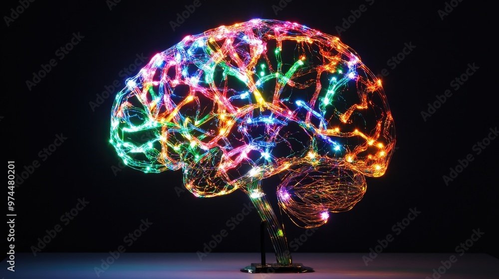 Poster a glowing brain model showing neural pathways lit up in different colors, representing creative thou