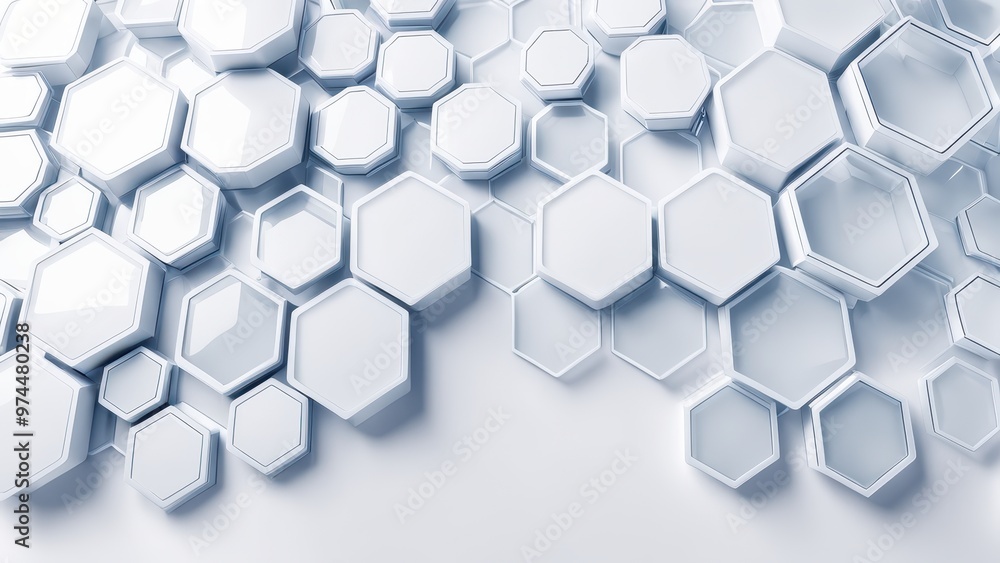 Poster a modern design featuring interconnected white hexagons creating a sleek, abstract pattern.