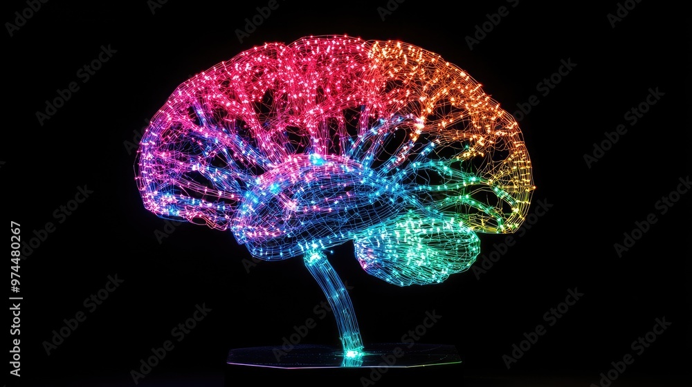 Poster a glowing brain model showing neural pathways lit up in different colors, representing creative thou