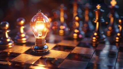 A glowing light bulb illuminating a chessboard, symbolizing strategy and creativity in decision making The warm light contrasts with the dark wooden pieces