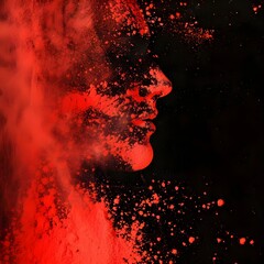 Dynamic Abstract Explosion of Bright Red Powder on Black Background