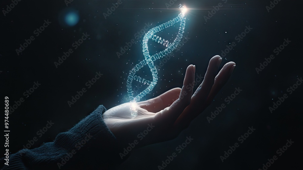 Poster a glowing hologram of a double helix floating above a scientist's hand, representing genetics and bi