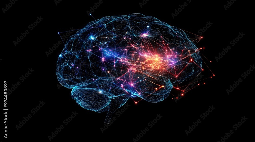 Poster a glowing display of neurons connecting in the brain, with creative light trails representing though