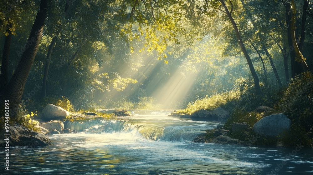 Poster a charming summer background with a serene river flowing through a forest. sunlight filters through 