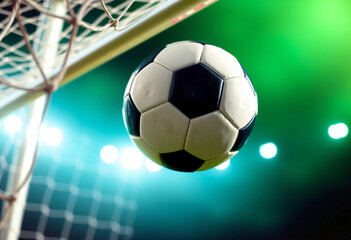 Soccer Ball in Goal Net on Green Field